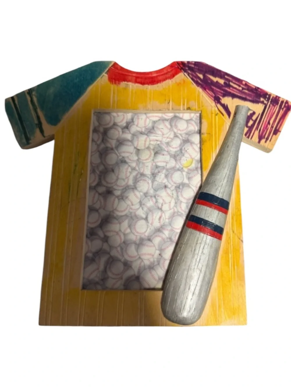 Baseball Themed wood Picture Frame with Bat Accent